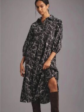 Maeve The Bettina Black Horse Printed Midi Shirt Dress - xs